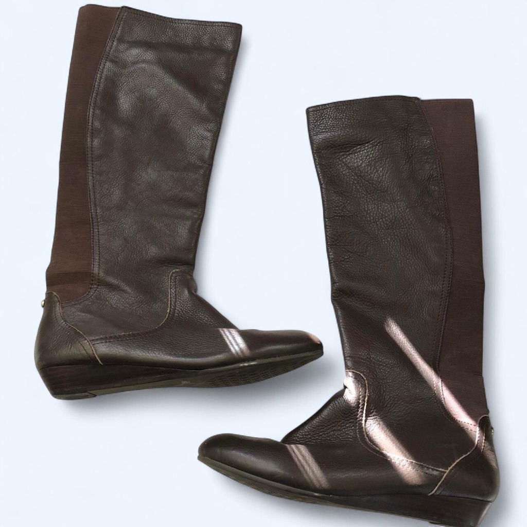 Brown Real Leather Riding Equestrian Mid Calf Knee High Boots Heels Wedges Boho